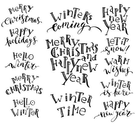 Set og hand written winter greetings for holiday cards, gift tags. Merry christmas and happy new year black ink lettering.のイラスト素材