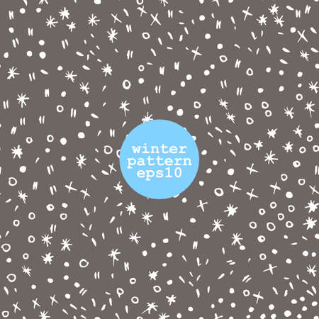 Hand drawn doodle seamless pattern. White snowflakes, dots, circles on grey background. Winter texture for card design and packaging.のイラスト素材