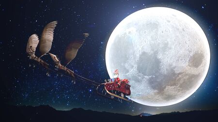 The 3D animation  Santa Claus playing gift box on sledge flying reindeer have wing with Full moon and star in background include snow environment.の写真素材