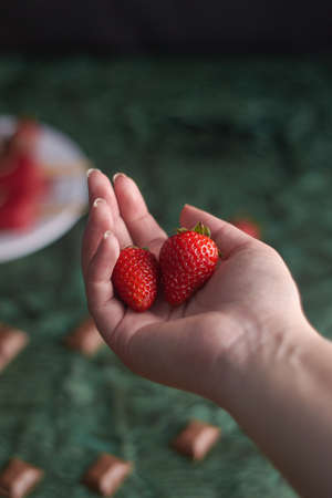 fresh strawberries in woman's hand and behind chocolate pieces and strawberry pieces on background greenの写真素材