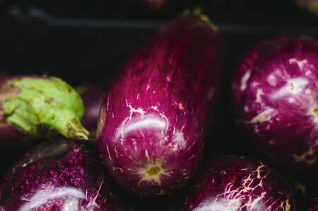 eggplant on retail sale in supermarket shelf with beautiful flashes of natural lightsの写真素材