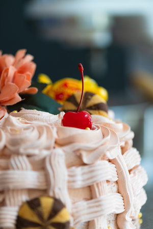 Basket-shaped cake with sweets, cookies and flowers, Easter marks the end of Holy Week, known in the United States as Spring Breakの写真素材
