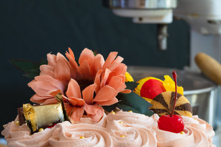 Basket-shaped cake with sweets, cookies and flowers, Easter marks the end of Holy Weekの写真素材