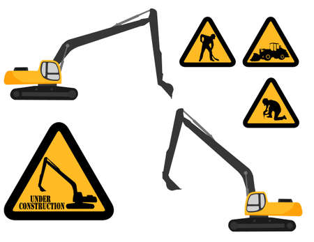 excavator and "under construction" signs -vectorのイラスト素材