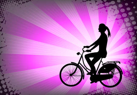 female bicyclist on the abstract purple background - vectorのイラスト素材