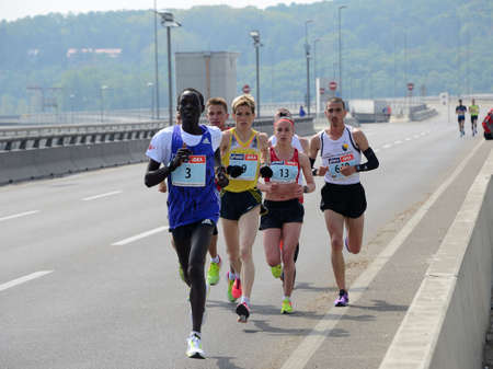 BELGRADE, SERBIA - APRIL 22: A group of marathon competitors during the 30 th Belgrade Marathon on April 22, 2017 in Belgrade, Serbiaのeditorial素材