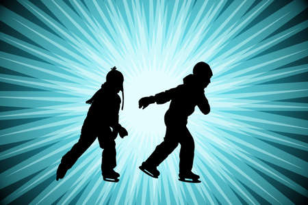 Kids ice skating, silhouettes on abstract background .のイラスト素材