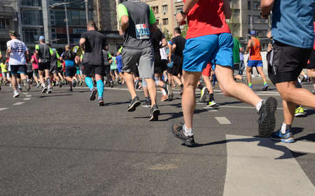 BELGRADE, SERBIA - APRIL 21: A group of marathon competitors during the 31st Belgrade Marathon on April 21, 2018 in Belgrade, Serbiaのeditorial素材