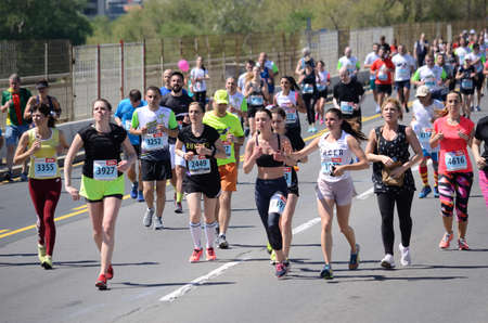 BELGRADE, SERBIA - APRIL 21: A group of marathon competitors during the 31st Belgrade Marathon on April 21, 2018 in Belgrade, Serbiaのeditorial素材