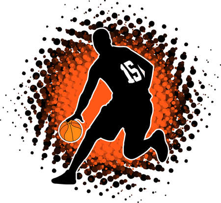 basketball player silhouette over halftone splash background - vector artworkのイラスト素材
