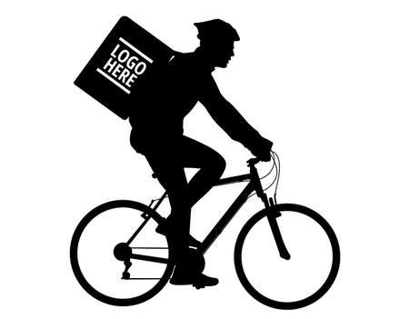 delivery service courier riding bicycle, silhouette - vectorのイラスト素材