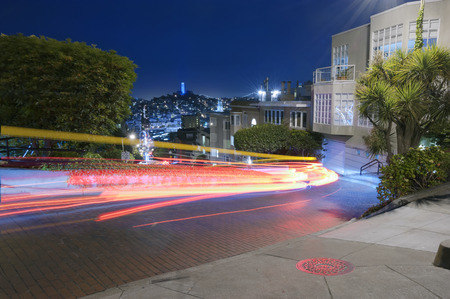 Famous Attraction Lombard Street in San Francisco at Nightの写真素材