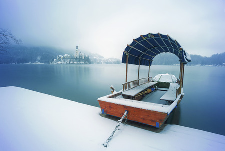 Winter sunrise at Famous Bled Lake National Park Sloveniaの写真素材