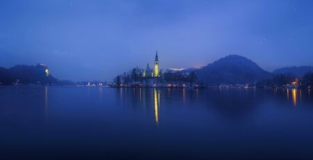 Winter sunrise at Famous Bled Lake National Park Slovenia の写真素材