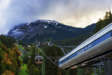 SECEDA, DOLOMITES, ITALY - October 10, 2019 - Cable car station at the bottom of Seceda mountain in the Italian Dolimites.のeditorial素材