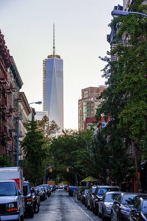 Afternoon view of World Trade Center Tower One from one of the  New York City Streets on beautiful...