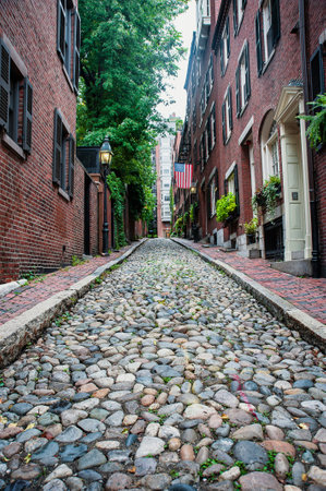 Boston typical houses in Beacon Hill area, historic city center scene in Fall. Acorn steet.の写真素材