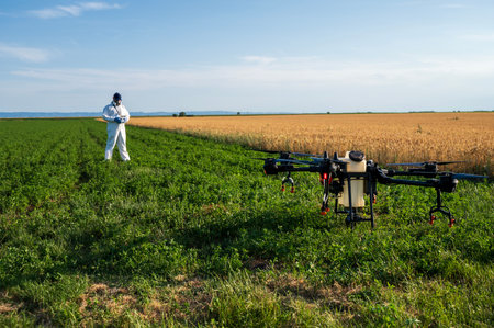 Modern technologies in agriculture. Industrial drone flies over a green field and sprays pesticides...