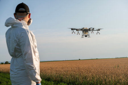 Modern technologies in agriculture. Industrial drone flies over a green field and sprays pesticides to increase productivity and destroys harmful insects. Technologies in farmingの写真素材