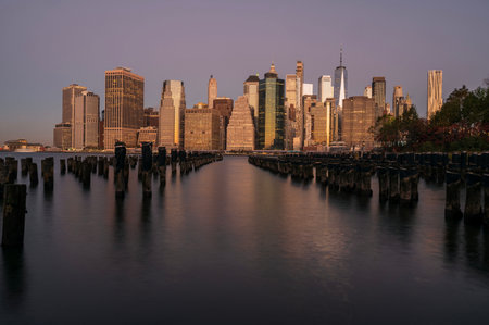 Manhattan Finantial District Panorama, New York City Down Town Sunsetの写真素材