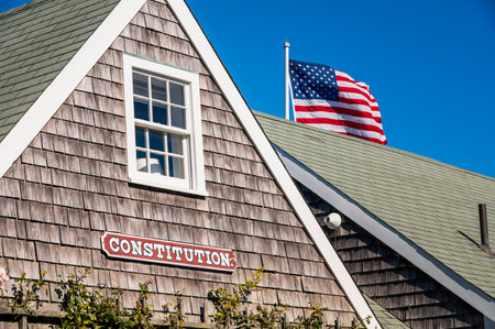 Nantucket, Massachusetts, October 25, 2023 - Banner on Nantucket Landmark House facade made of...