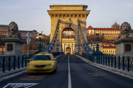 Budapest Chain Bridge early in the morning, sunrise over Budapest castle in Summerの写真素材