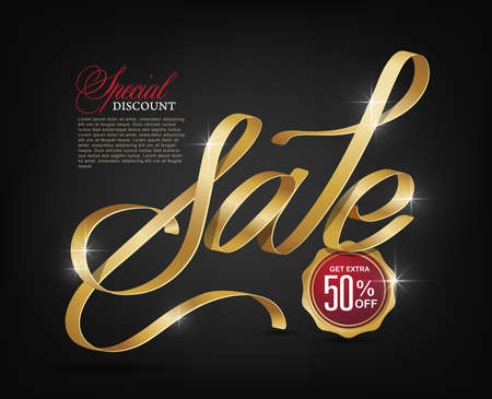 Sale typography background with gold ribbon. Vector illustrationのイラスト素材