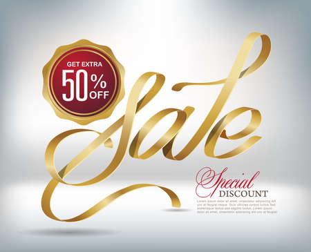Sale typography background with gold ribbon. Vector illustrationのイラスト素材