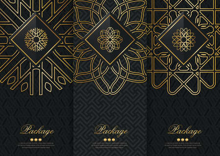 Vector set of templates packaging, black labels and frames for packaging for luxury products in trendy linear style,banner,identity, branding,golden pattern in trendy linear style, vector illustrationのイラスト素材