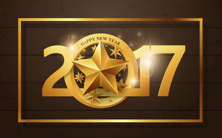 Happy New year 2017 greeting card background with gold star. Vector illustration.Wallpaper.New year eve.flyers, invitation, posters, brochure, banners, calendarのイラスト素材
