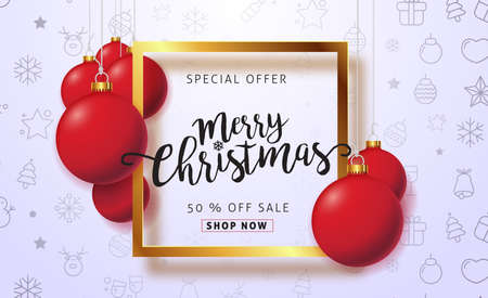 Merry christmas sale design with Christmas balls hanging ornament and icon set pattern. Vector illustration.Wallpaper.flyers, invitation, posters, brochure, banners, calendarのイラスト素材