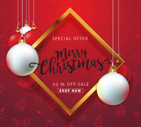 Merry christmas sale background with Christmas balls hanging ornament and icon set pattern. Vector illustration.Wallpaper.flyers, invitation, posters, brochure, banners, calendarのイラスト素材