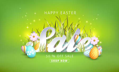 Easter sale banner background template with beautiful colorful spring flowers and eggs. Vector illustration.のイラスト素材