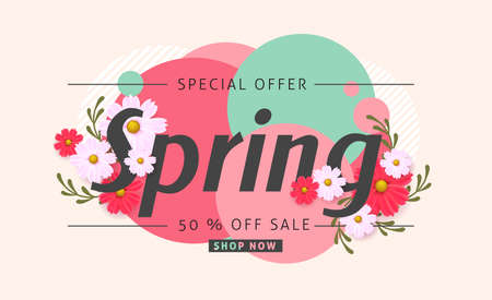 Spring sale banner with beautiful colorful flower.のイラスト素材