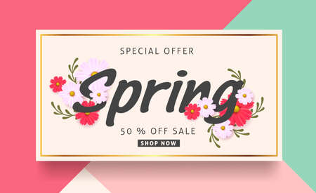Spring sale background banner with beautiful colorful flower. Vector illustration.のイラスト素材