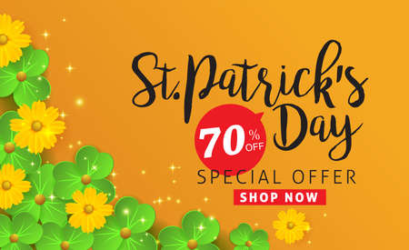 Happy Saint Patricks Day of banner sale vector pattern with lettering and clover leaves. Vector illustration.Advertising of St. Patrick's day.のイラスト素材
