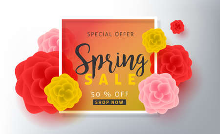 Spring sale pattern poster banner with beautiful colorful flower. Vector illustration.のイラスト素材