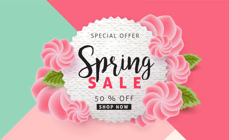 Spring sale background poster banner with beautiful colorful flower. Vector illustration.のイラスト素材