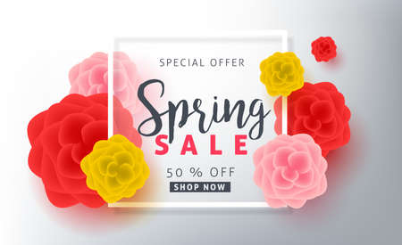 Spring sale background poster banner with beautiful colorful flower. Vector illustration.のイラスト素材