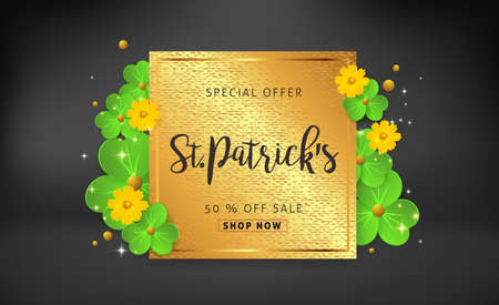 Happy Saint Patricks Day of banner sale vector background with lettering and clover leaves. Vector illustration.Advertising of St. Patrick's day.のイラスト素材