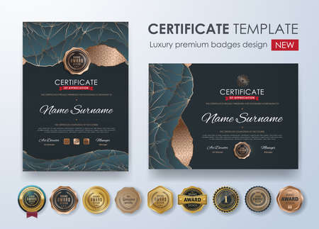 certificate template with luxury pattern,diploma,Vector illustration and vector Luxury premium badges design,Set of retro vintage badges and labels.のイラスト素材