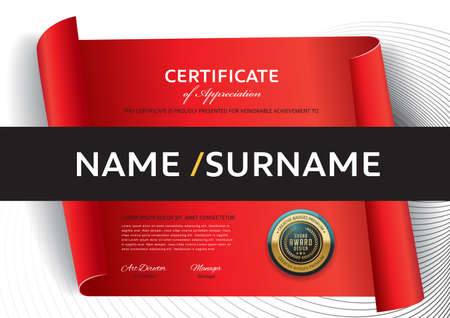 certificate template with red ribbon decoration,diploma,Vector illustration and vector Luxury premium badges design,Set of retro vintage badges and labels.のイラスト素材