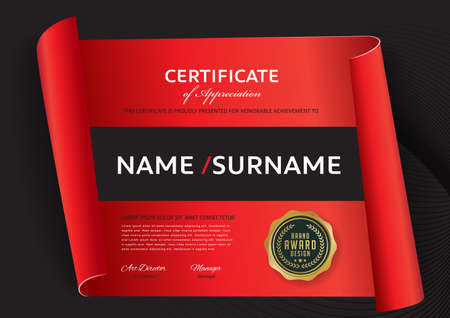certificate template with red ribbon decoration,diploma,Vector illustration and vector Luxury premium badges design,Set of retro vintage badges and labels.のイラスト素材
