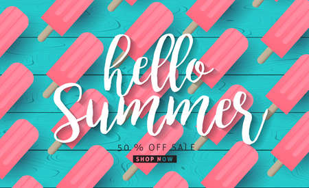 Summer sale background layout banners with ice cream on wood texture background.voucher...
