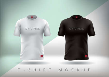 White and Black t-shirt realistic mockup.T-shirt design slim-fitting with round neck. Vector illustrationのイラスト素材