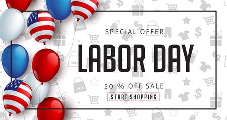 Labor day sale promotion advertising banner template decor with American flag balloons design .American labor day wallpaper.voucher discount.Vector illustration .のイラスト素材