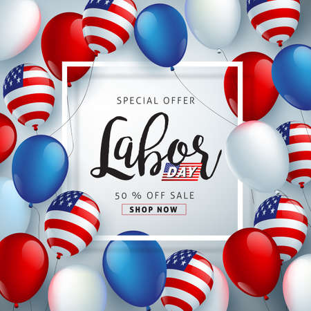 Labor day sale promotion advertising banner template decor with American flag balloons design .American labor day wallpaper.voucher discount.Vector illustration .のイラスト素材