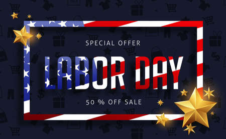 Labor day sale promotion advertising banner template decor with American flag .American labor day wallpaper.voucher discount.Vector illustration .のイラスト素材