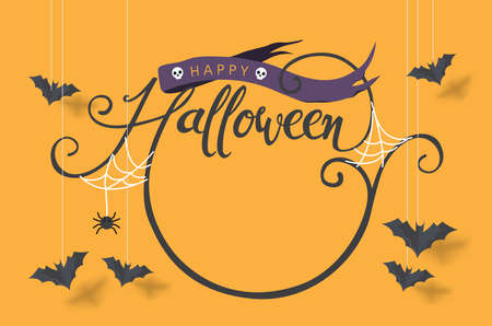 Happy Halloween calligraphy with paper bats flying. banners party invitation.Vector illustration.のイラスト素材