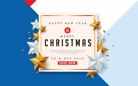 Merry christmas sale banner with silver and golden star. Vector illustration template. Greeting cards.のイラスト素材